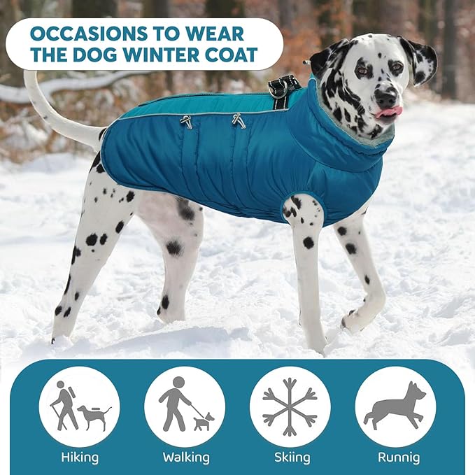 IDOMIK Warm Dog Coat with Harness Built-in, Thick Fleece Dog Winter Jacket with High Collar&Zipper, Waterproof Reflective Dogs Cold Weather Coats for Small Dogs, Pet Snow Jacket Vest(Blue,S)