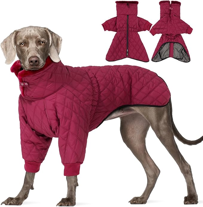 IDOMIK Dog Winter Coat for Large Dogs, Warm Dog Winter Jacket with Fleece High Collar, Zippered Cold Weather Coats for Dogs, Waterproof Doggy Snow Jacket Clothes,WineRed,L