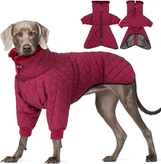 IDOMIK Dog Winter Coat for Large Dogs, Warm Dog Winter Jacket with Fleece High Collar, Zippered Cold Weather Coats for Dogs, Waterproof Doggy Snow Jacket Clothes,WineRed,3XL
