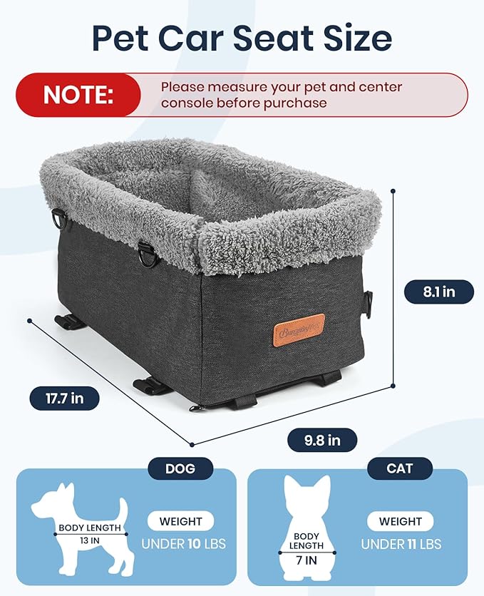 BurgeonNest Armrest Small Dog Car Seat - Portable Pet Booster Center Console Carseat Up to 11lbs, Safe Comfort Car Travel Puppy with Metal Frame, Pee Pad, Washable Fluffy Cushion and Interior, Grey