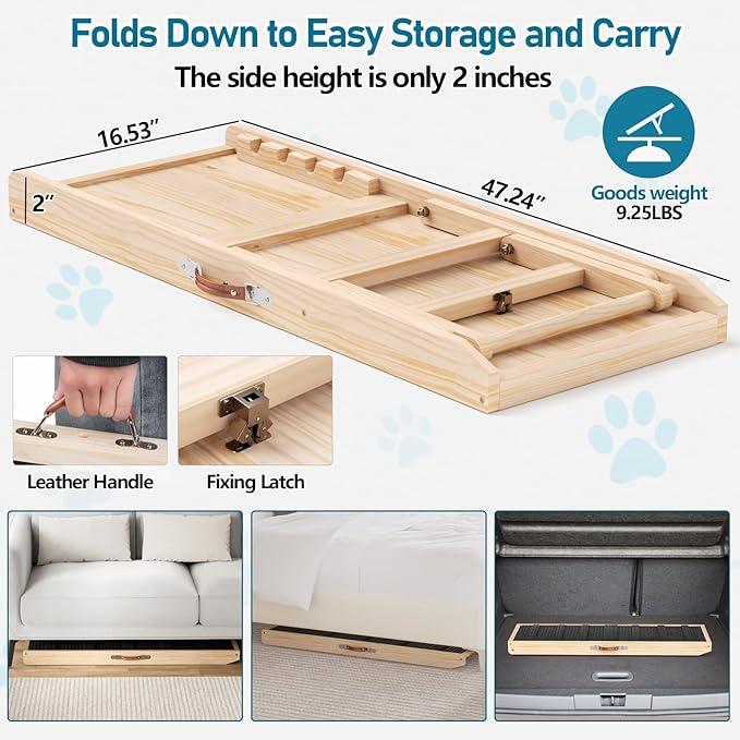 Tresbro Dog Ramp for Couch, 40'' Long Dog Ramps with Adjustable 11'' to 20.47'' Height, Portable Dog Ramp with Anti-Slip Carpet & Carrying Handle Holds up to 100LBS for Small Dogs to Get on Sofa