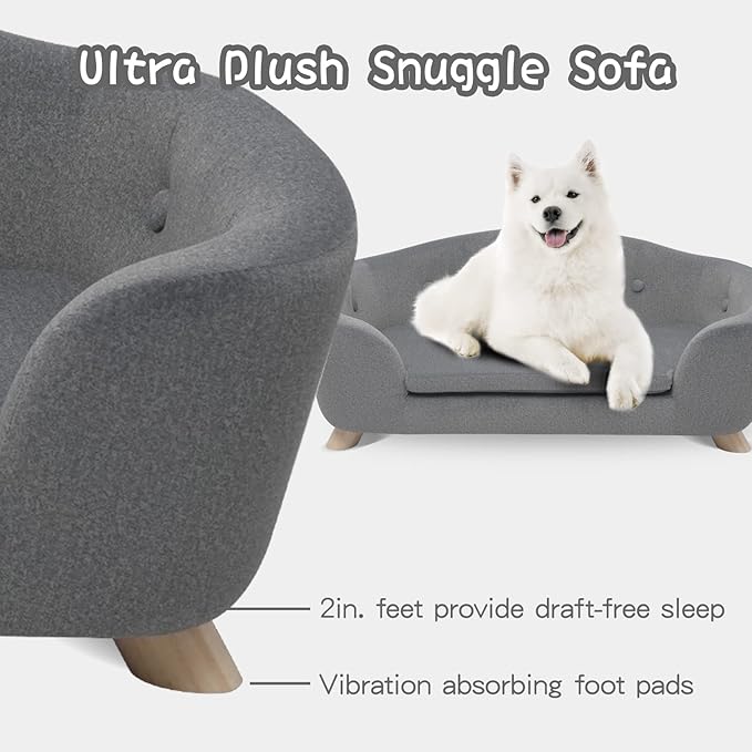 SHAVI Large Dog Couch, 35" Wide Pet Sofa for Large and Medium Dogs with Removable Mattress Cover, Luxury Raised Dog Couch Velvet Lounging Bed with Anti-Slip Bottom(Grey)