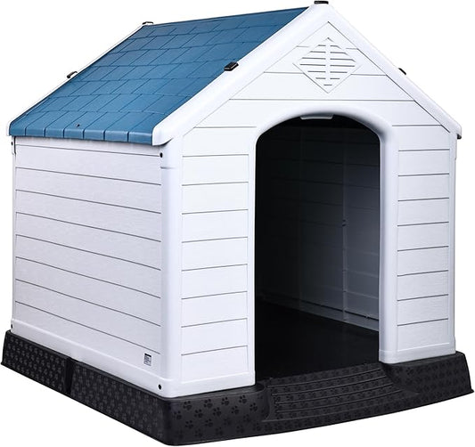 Plastic Dog House, Insulated Doghouse Puppy Shelter, Water Resistant Easy Assembly Sturdy Dog Kennel with Elevated Floor and Air Vents, Ventilate for Small to Large Sized Dogs (41-Inch, Blue)