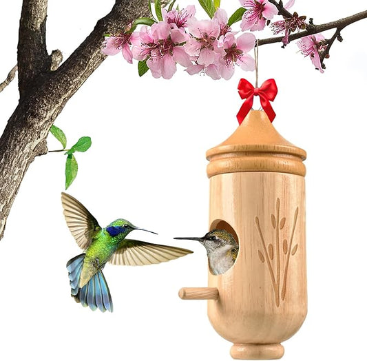 Hummingbird House, Solid Wood Hummingbird Houses for Outside-Exquisitely Handcrafted Birdhouse with Bow and Jute String Hanging Kit, Durable Garden Decor, Perfect Gardening Gift (Style-B, 1 Pack)