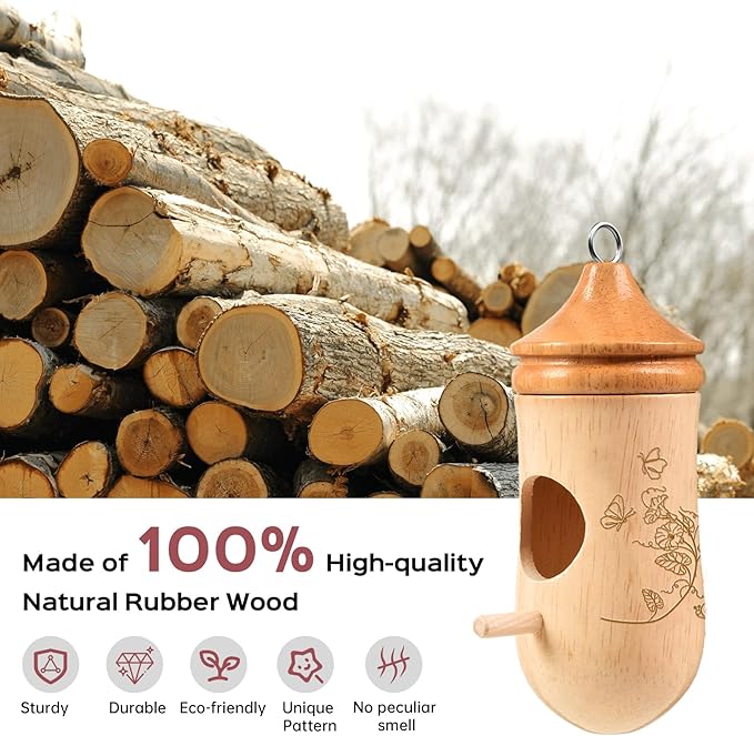 Hummingbird House, Solid Wood Hummingbird Houses for Outside-Exquisitely Handcrafted Birdhouse with Bow and Jute String Hanging Kit, Durable Garden Decor, Perfect Gardening Gift (Style-A, 1 Pack)