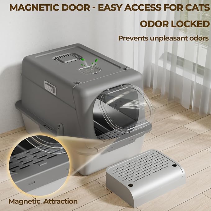 Stainless Steel Cat Litter Box with Lid, XX-Large Extra Large Litter Box for Big Cats, Enclosed Removable Metal Cat Box with High Sided Enclosure,Magnetic Door,40L Box, Litter Trap Step/Mat