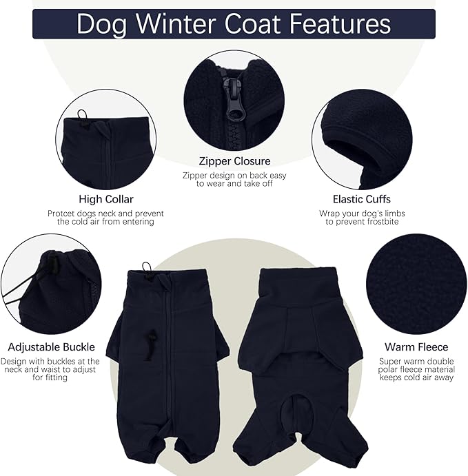 ROZKITCH Dog Winter Coat Soft Fleece Pullover Pajamas, Pet Windproof Warm Cold Weather Jacket Vest Cozy Jumpsuit Apparel Outfit Clothes for Small Medium Large Dog Walking Hiking Sleep Blue XL