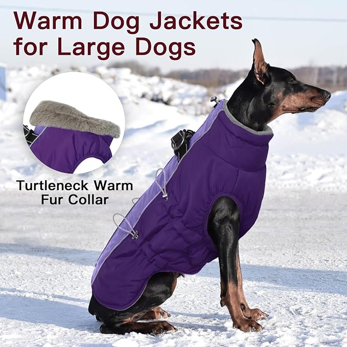 Dog Coat Winter Warm Dog Jackets for Large Dogs Reflective Snowsuit with Harness Fleece Dogs Snow Jacket Waterproof Pet Clothes for Cold Weather