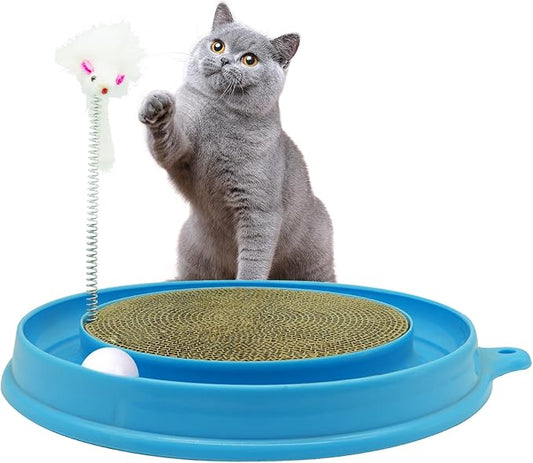 Cat Round Scratcher, 3 in 1 Interactive Kitten Toys, Scratching Pad with Ball Track and Squeaky Mouse, for Bored Indoor Adult Cats Kitty Scratching Puzzle-Blue