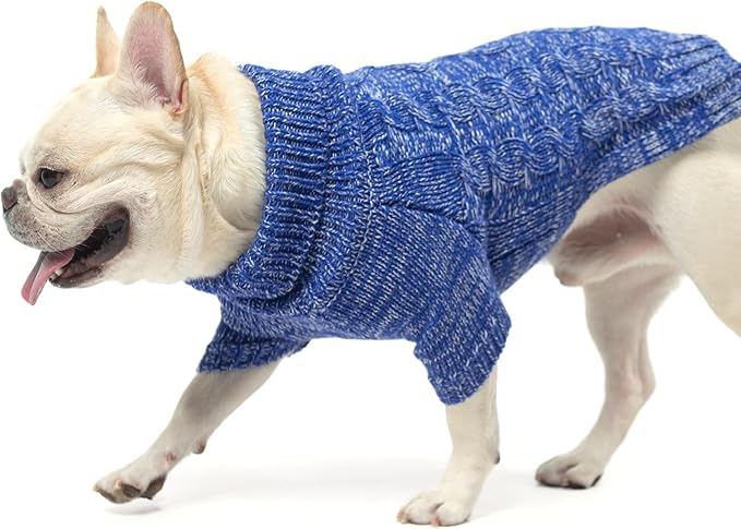 KOOLTAIL Dog Sweater for Large Medium Small Dogs, Fall Dog Sweaters, Turtleneck Cable Knitwear Pet Cold Weather Coats with Leash Hole, Warm Winter Pullover Clothes for Bulldog, Yorkie,Boy Girl, Blue M