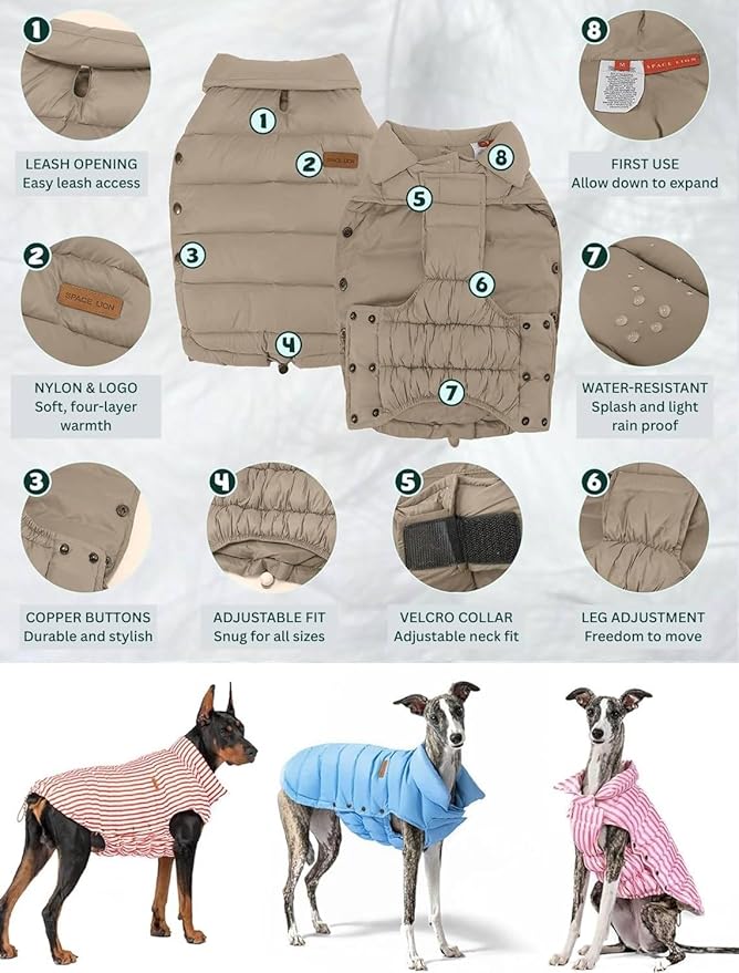 SPACE LION Puffer Jacket, Down Winter Coat, Waterproof, Windproof, Lightweight Jacket, Adjustable Fit for Small, Medium, Large Dogs (Khaki Brown, 2XL)