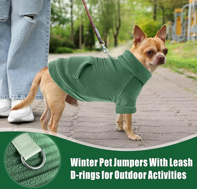 Idepet Fleece Dog Sweater 2 Pack, Winter Dog Clothes Turtleneck Dog Sweatshirt Pet Clothing Stretchy Small Dog Coat Cat Apparel with Leash Ring,Green,Dark Green,Small