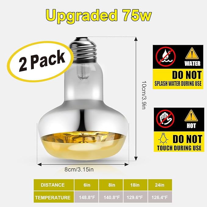 MIXJOY 2Pack 75W Reptile Heat Lamp Bulbs, Upgraded Golden Glass 60% Intense Heat Bulb UVA Daylight Basking Spot Light Bulb for Reptiles, Turtle, Lizard, Tortoise, Bearded Dragon, Gecko, Chicken