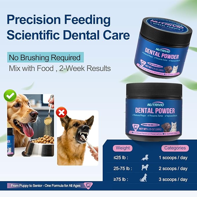 Dental Powder for Dogs & Cats - Teeth Cleaning for Dog Breath Freshener, Plaque and Tartar Remover, 5 Strains of Probiotics and Natural Ingredients, Dental Care for Dogs - 6.35oz(180g)
