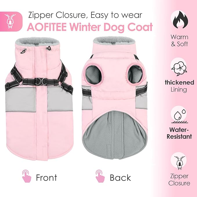 AOFITEE Dog Coat, Large Dog Jacket, Dogs Coat with Harness Built in, Reflective Waterproof Dogs Jackets Winter with Furry Collar, Warm Polar Fleece Pet Sweater Snowsuit for Doberman, Great Dane XXXL