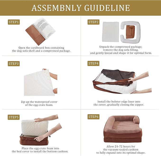 Bedfolks Orthopedic Dog Bed, Waterproof Dog Sofa Bed for Large Dogs, Egg Foam Pet Couch Bed with Removable Washable Cover and Nonslip Bottom, Brown