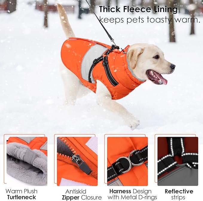 AOFITEE Small Dog Coat, Dog Winter Coat with Harness Built in, Warm Dogs Jacket with Zipper & Polar Fleece Collar, Waterproof Pet Snow Jacket Snowsuit for Schnauzer, Chihuahua Yorkshire, S