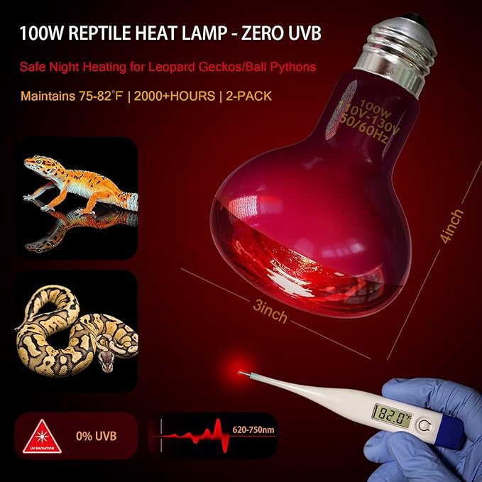 Reptile Heat Lamp, 100W Heat Lamp for Lizard & Reptile Night Heat Bulb - 2-Pack Infrared Light Bulb with Voltage Protection (110-130V, No UVB, E26/E27 Base)