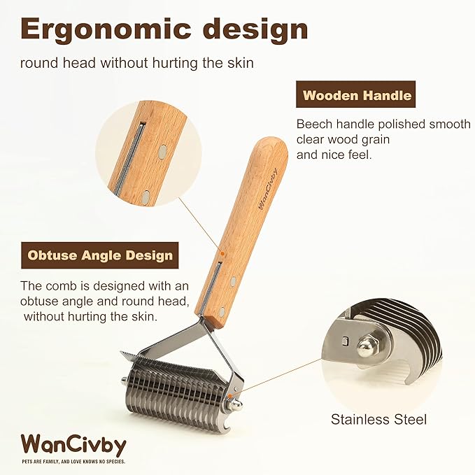 3-in-1Dematting & Deshedding Comb Undercoat Rake for Cats& Dogs，Detangling Matted Fur & Hair Remover Tool Pet Grooming Rake for Shedding and Dematting，Ergonomic beech wood handle (Square Handle)