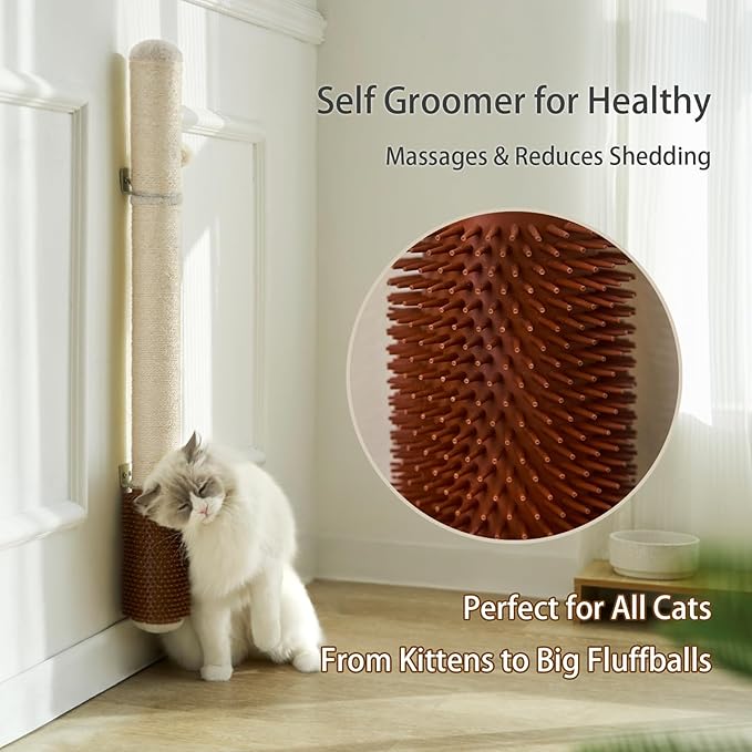 34" Wall Mounted Cat Scratcher – Extra-Tall Vertical Sisal Climber with Grooming Brush & Hanging Ball, Space-Saving Modern Cat Scratch Board, Hardware Included, Beige