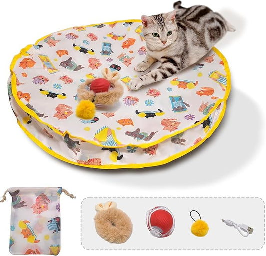 28-Inch Automatic Cat Toys Cat Play Mat with Motion-Activated Rolling Ball–Interactive Hide-and-Seek Cat Toy for Indoor Cats’ Exercise