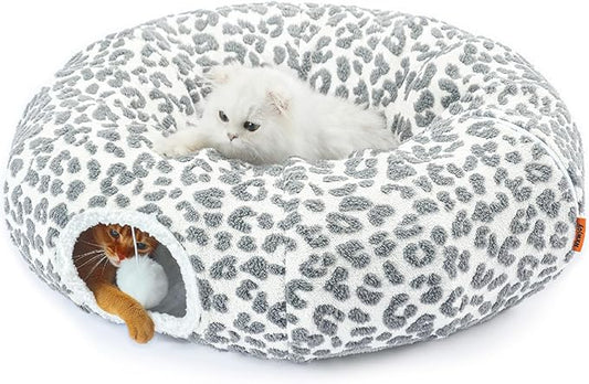 Cat Tunnel Bed 35.5 Inch XL Cat Donut Tunnels for Indoor Cats Cute Tubes Round Pet Play Tunnel Toy for Kitten Puppy Rabbit with Washable Circle Cushion Leopard Grey