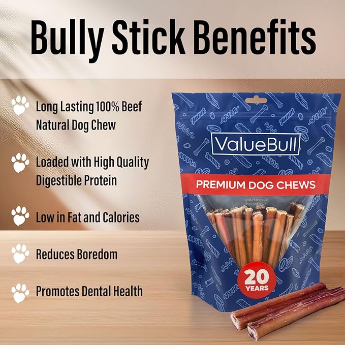 ValueBull Bully Sticks for Large Dogs, Super Jumbo 6 Inch, 10 Count - All Natural, Grass Fed, Single Ingredient, Long Lasting Dog Treats for Aggressive Chewers