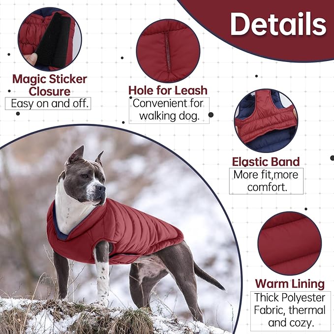 Lelepet Reversible Dog Coat Warm Dog Winter Jacket Padded Vest Windproof Lightweight Cold Weather Coat Pet Sonwsuit with Hook & Loop Coats for Medium Dogs, Non-Shedding, Easy on/Off, Pug, Wine Red, M