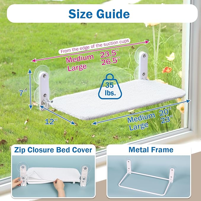 2PC Easy Fold Cat Window Perch - Cordless, Fold-Up, Zip Closure Embeded Machine Washable Bed Cover, Robust Metal Frame - Cat Hammock for Window for Large Cats and Kittens(White, Medium, 2PC)