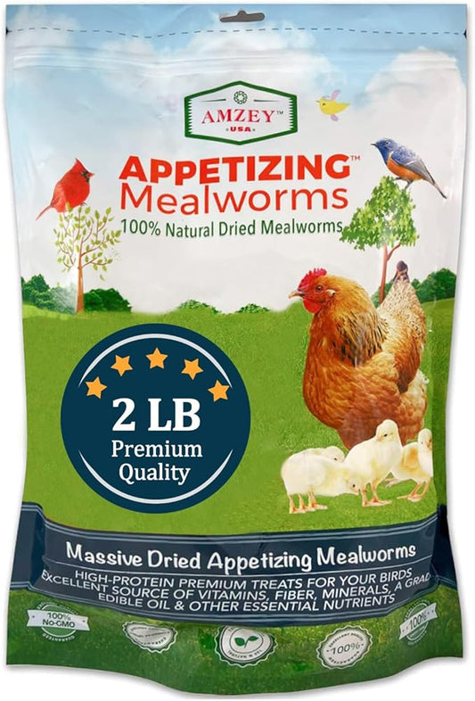 Amzey Dried Mealworms 2 LB, 100% Natural Meal Worms for Chicken & Birds, Organic Chicken Feed for Laying Hens, High Protein and Nutrition, Zipped Bag