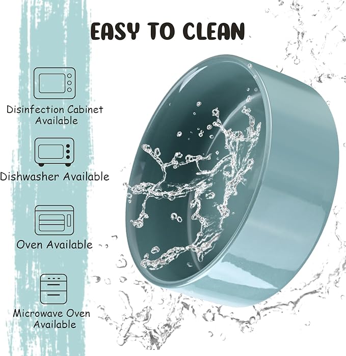 SPUNKYJUNKY 15° Slanted Ceramic Dog and Cat Bowl with Wooden Stand, Tilted Bulldog Food and Water Bowl No Slip Non-Spill for Cats Medium Dogs Big Face Pets 13.5 OZ (1.7 Cups, Light Green × 2)