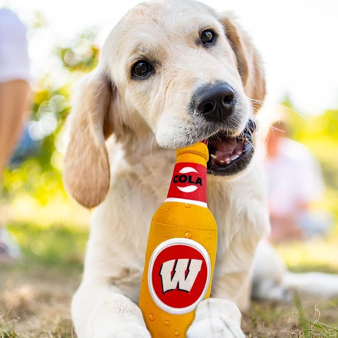 NCAA Wisconsin Badgers Beer Bottle Plush Dog & CAT Squeak Toy- Cutest Stadium SODA Bottle Snack Plush Toy for Dogs & Cats with Inner Squeaker & Beautiful Football/Basketball Team Name/Logo