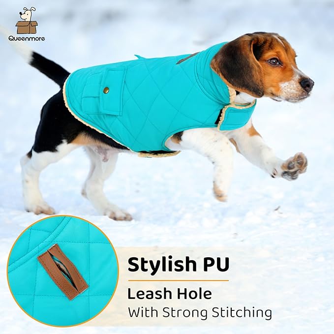 Queenmore Warm Dog Coat, Cold Weather Puffer Dog Coat Vest, Quilting Winter Pet Jacket Ultra Thick Plush Fleece Lining Pet Clothes for Dogs with Storage Pockets (Light Blue, Small)