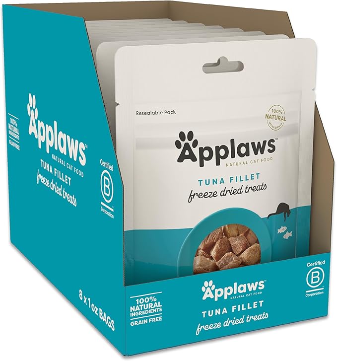 Applaws Natural Freeze-Dried Cat Treats, 100% Protein, Grain-Free & Nutritious, Single-Ingredient Tuna Fillet (8 x 1.0oz Bag)