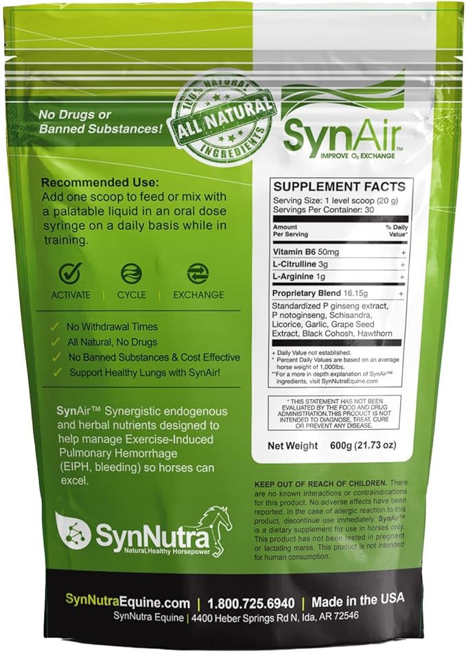 SynAir – Natural EIPH Management & Lung Support for Horses – Drug-Free Formula to Promote Airway Health & Recovery – Made in USA