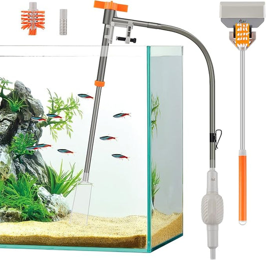 AQQA Aquarium Siphon Vacuum Cleaner Kit with 3 Replaceable Heads, Extra 2-in-1 Algae Scraper Cleaning Brush, Manually Siphon Ball Water Changer, Extendable Length to 31In for Fish Tank Cleaning (S)