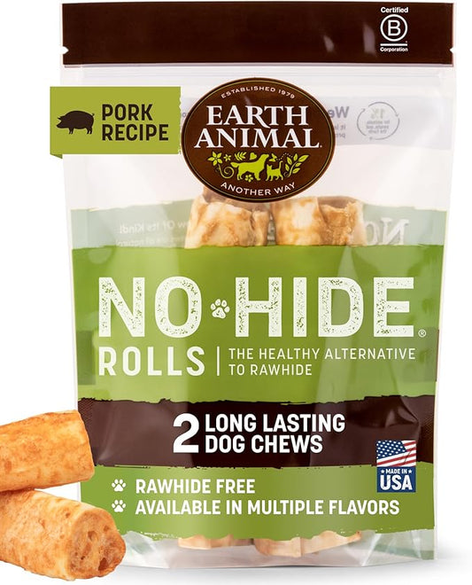 Earth Animal No Hide Medium Pork Flavored Natural Rawhide Free Dog Chews Long Lasting Chew Sticks | Treats for Large Dogs | Great for Aggressive Chewers - 2 Count