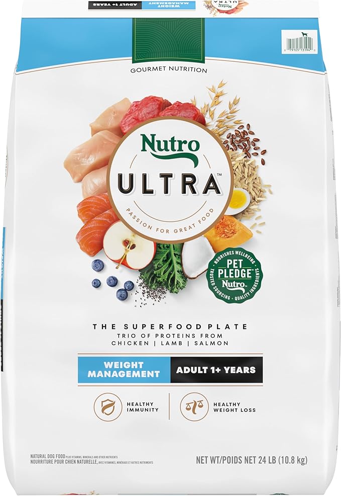 Nutro Ultra Adult Weight Management Dry Dog Food, Chicken, Lamb and Salmon Protein Trio, 24 lb Bag