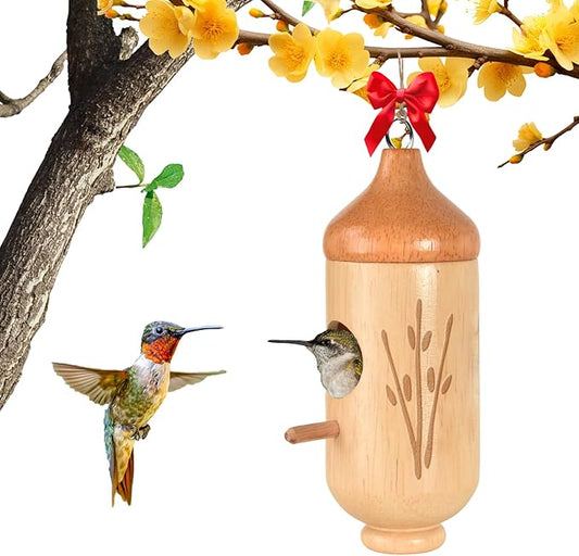 Hummingbird House, Solid Wood Hummingbird Houses for Outside-Exquisitely Handcrafted Birdhouse with Ribbon and String Hanging Kit, Durable Garden Decor, Perfect Gardening Gift(Style-F, 1 Pack)