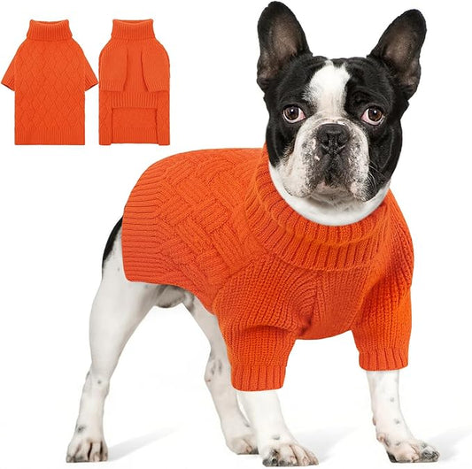 AOFITEE Small Dog Sweater, Dog Sweaters for Small Dogs Male, Thick Dogs Winter Sweatshirt Girl Boy, Pet Halloween Sweater, Classic Cable Turtleneck Holiday Knitwear for Pug Dachshund (Orange, S)