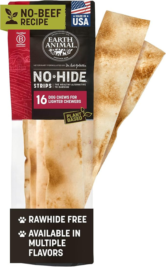 Earth Animal No Hide Strips Beef FreeFlavored Vegetarian Natural Treats | Non Rawhide | Quick & Thin Dog Chews - 16 Count