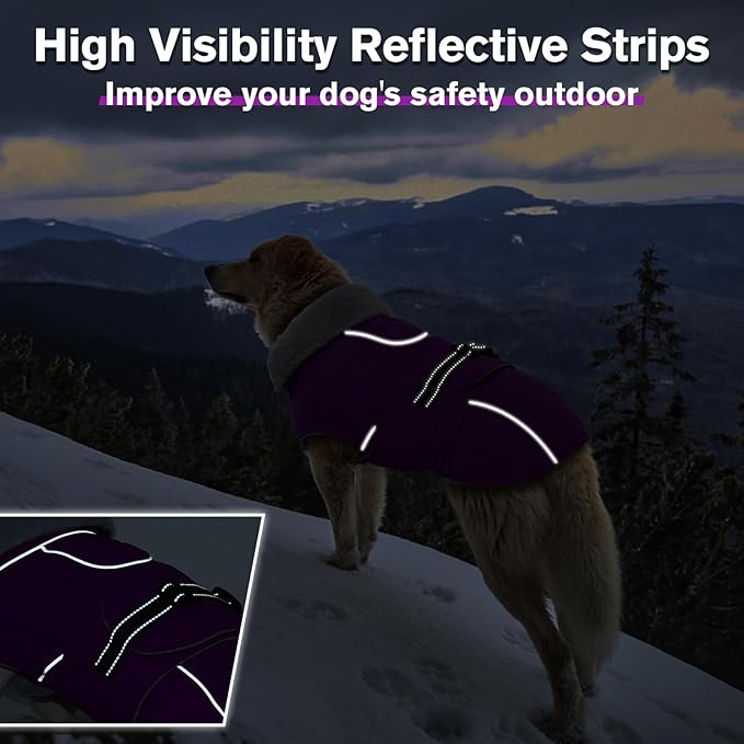 Lelepet Warm Dog Coat Reflective Fleece Vest Waterproof Dog Jacket with Adjustable Buckle Hook & Loop Windproof Cold Weather Coats for Small Medium Large Dogs, Purple, S