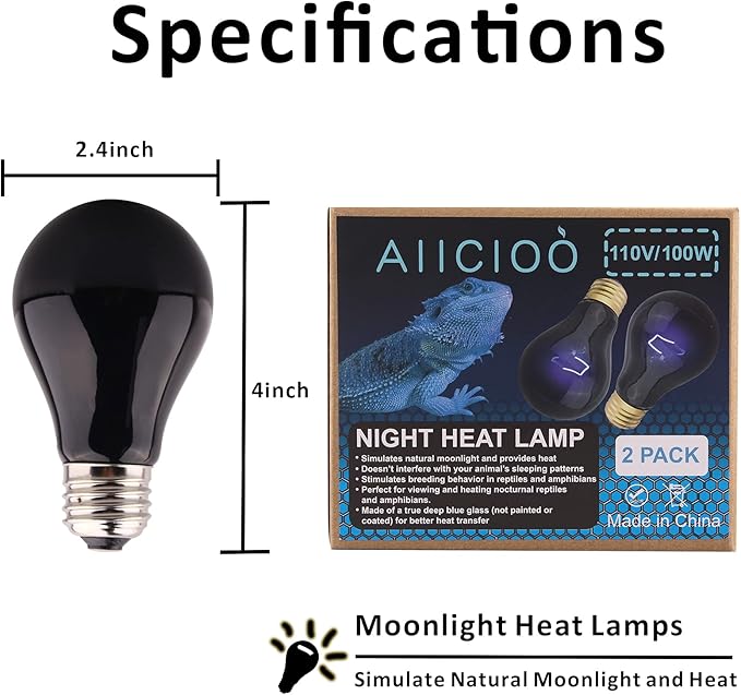 Aiicioo Reptile Heat Lamp - 100 Watt Reptile Night Heat Bulb Terrarium Moon-Like Light Bulbs for Reptiles Bearded Dragon Gecko Snake Turtle Lizard Tank
