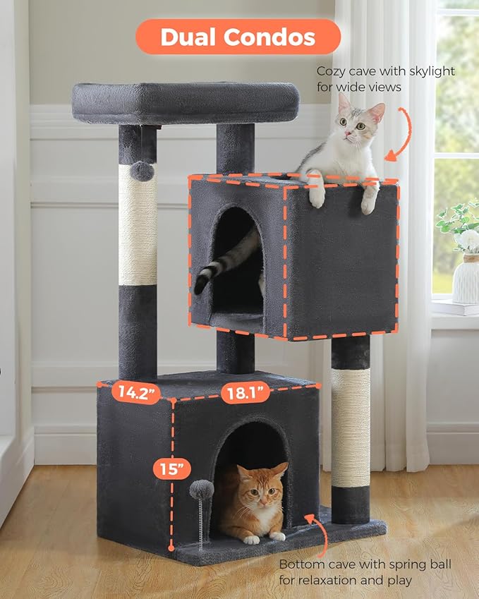 XL Cat Tower 44" Cat Tree for Large Cats 20 lbs+, 2 Spacious Condos with 3.4" Thickened Scratching Post, Large Top Perch, 2 Interactive Toys, Dark Grey