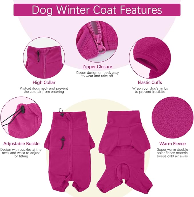 ROZKITCH Dog Winter Coat Soft Fleece Pullover Pajamas, Pet Windproof Warm Cold Weather Jacket Vest Cozy Jumpsuit Apparel Outfit Clothes for Small Medium Large Dog Walking Hiking Sleep Pink L