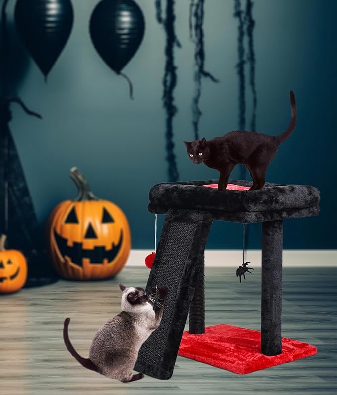 SYANDLVY Small Gothic Cat Tree for Indoor Cats, Scratching Board with Perch, Cat Scratching Post for Adults, Cat Post Scratcher, 2 Dangling Balls Great for Kittens