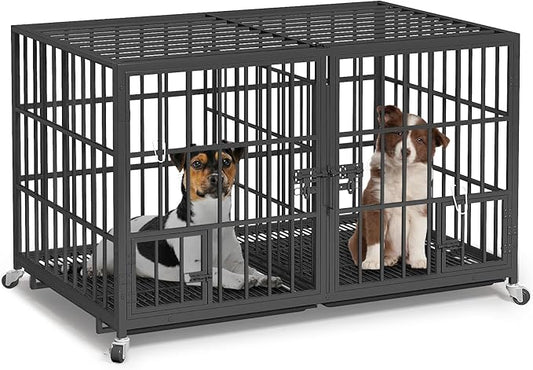 54 Inch Metal Dog Crate for Large Dogs,Heavy Duty Dog Cage Kennel Indoor with Divider Panel,Lockable Wheels, Indestructible Drop Cages for Dogs with Removable Tray, Escape Proof Locks