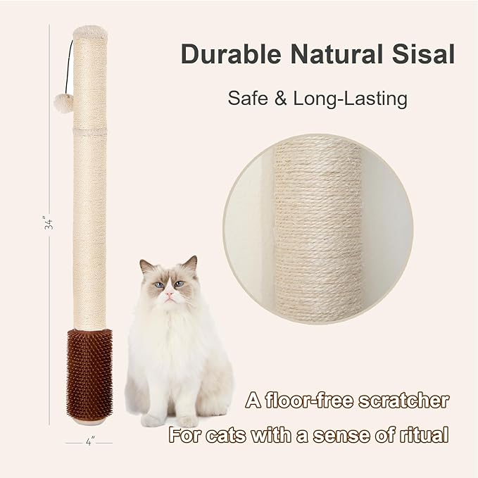 34" Wall Mounted Cat Scratcher – Extra-Tall Vertical Sisal Climber with Grooming Brush & Hanging Ball, Space-Saving Modern Cat Scratch Board, Hardware Included, Beige