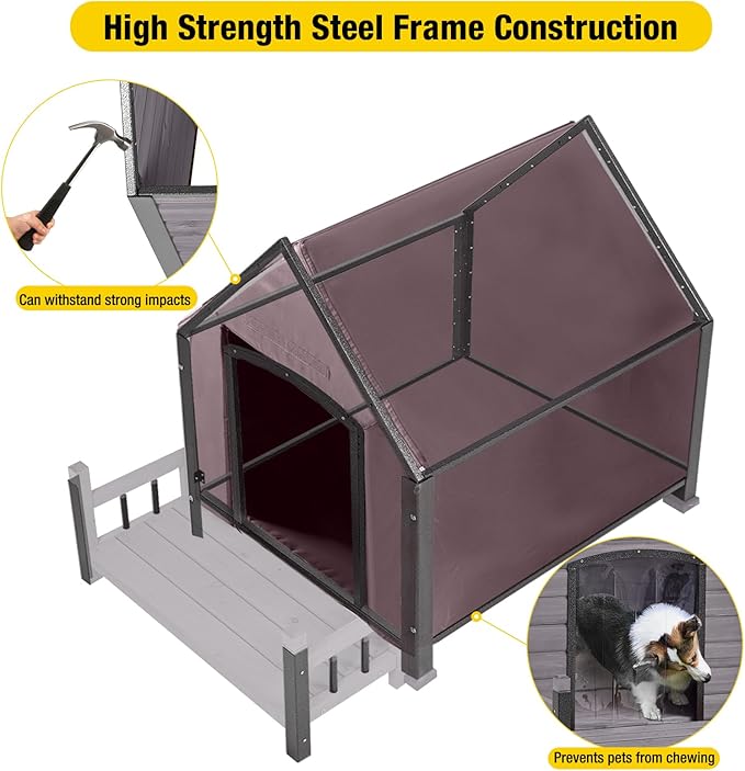 Dog House Outdoor, Insulated Dog Kennel Outside for Large Breed, 50.87" L Weatherproof Large Dog Shelter with Anti-Chewing Iron Frame (Grey, 45" D x 32.9" W x 32.6" H)