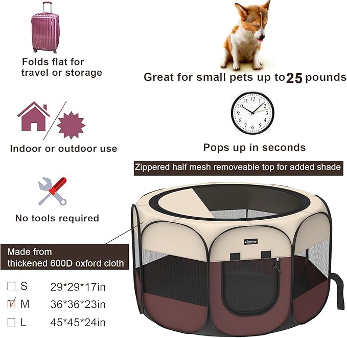 Portable Pet Playpen, 8-Panel Indoor/Outdoor Puppy Pen with Shade Cover & Travel Bag - Waterproof Dog Cat Tent Includes Collapsible Bowl